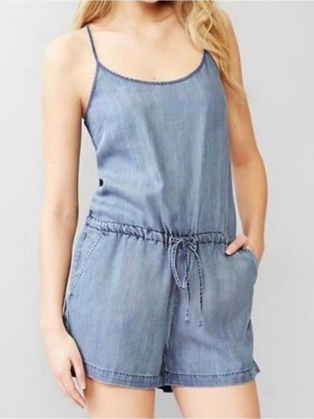 Light Blue Denim Romper for Women - Sleeveless Drawstring Shorts